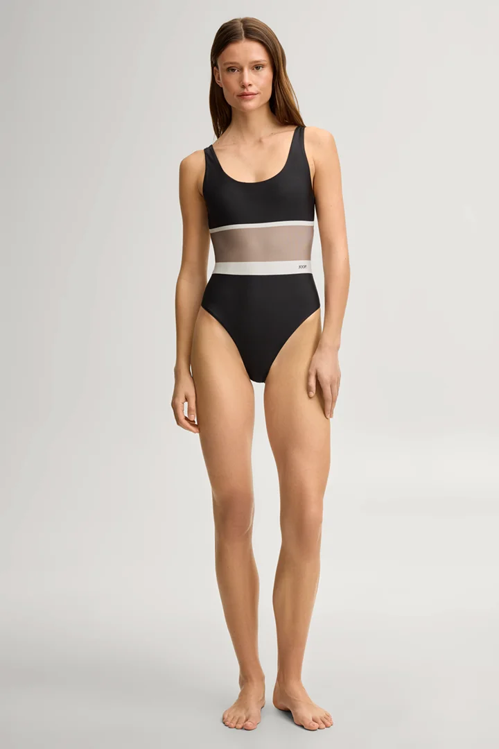 Leads to product detail page "Swimsuit in black/brown"
