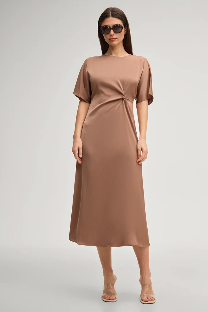 Leads to product detail page "Dela satin dress in light brown"