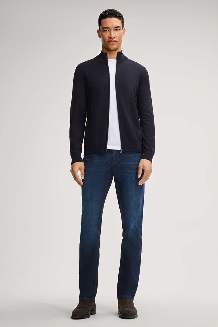 Leads to product detail page "Davis Merino Wool Knitted Jacket in Dark Blue"