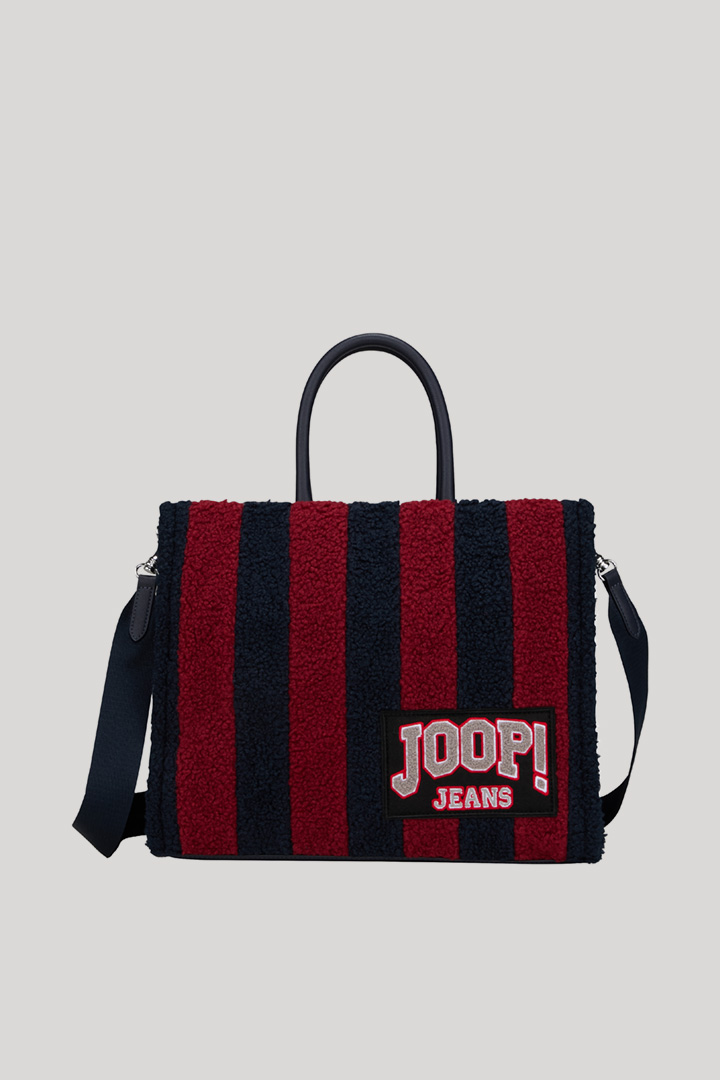 Leads to product detail page "Squadra Aurelia Handbag in Navy/Red Stripes"