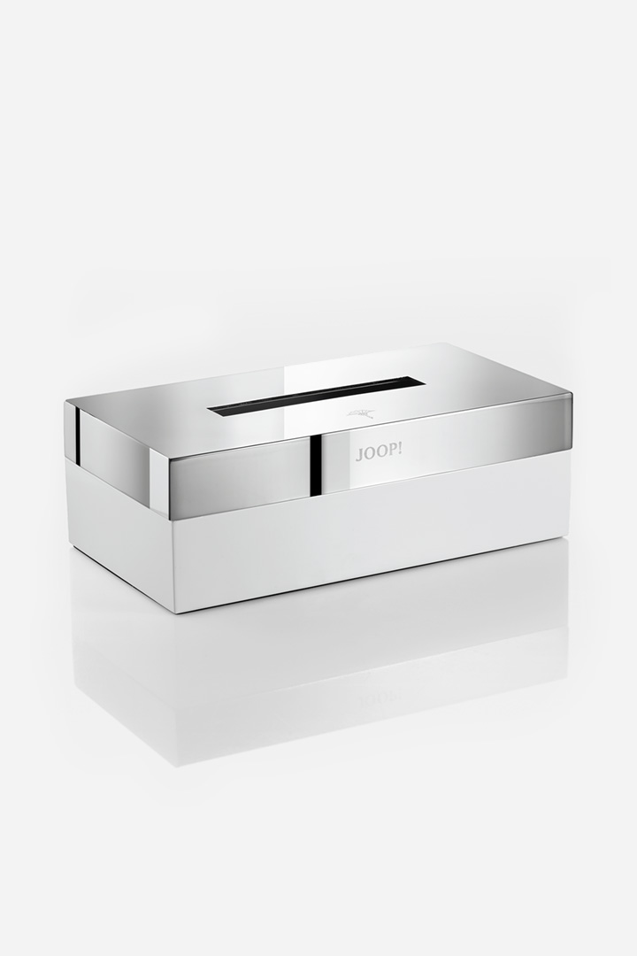 Leads to product detail page "JOOP! CHROMELINE Tissue Box in Chrome/White"