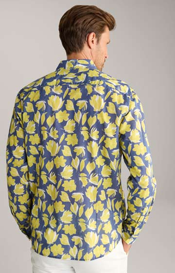 Hanson Cotton Shirt in a Dark Blue and Yellow Pattern