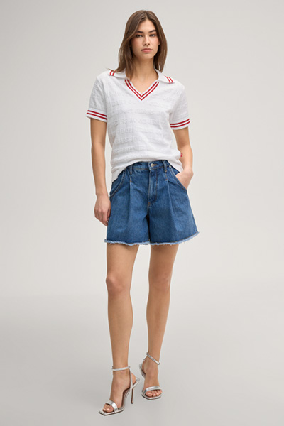 Kalena Knitted Polo Shirt in White/Red