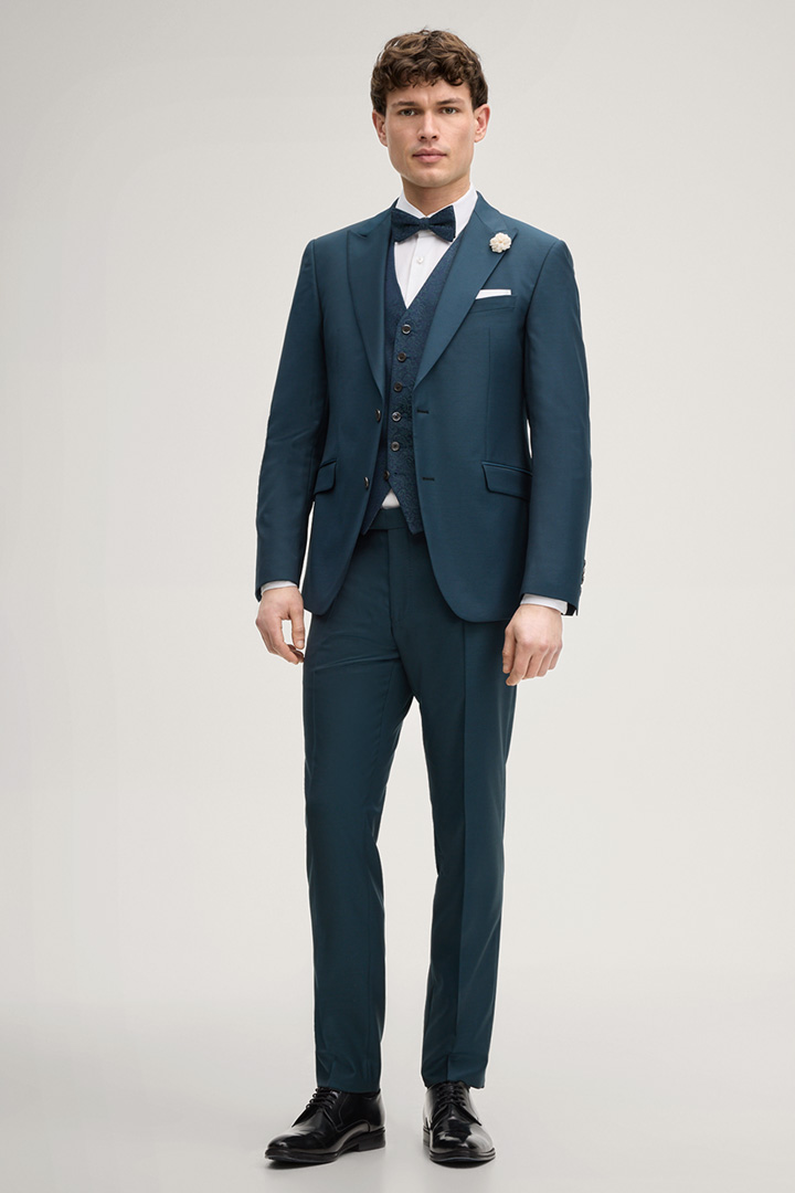 Leads to product detail page "Weazer Suit Waistcoat in a Petrol Pattern"