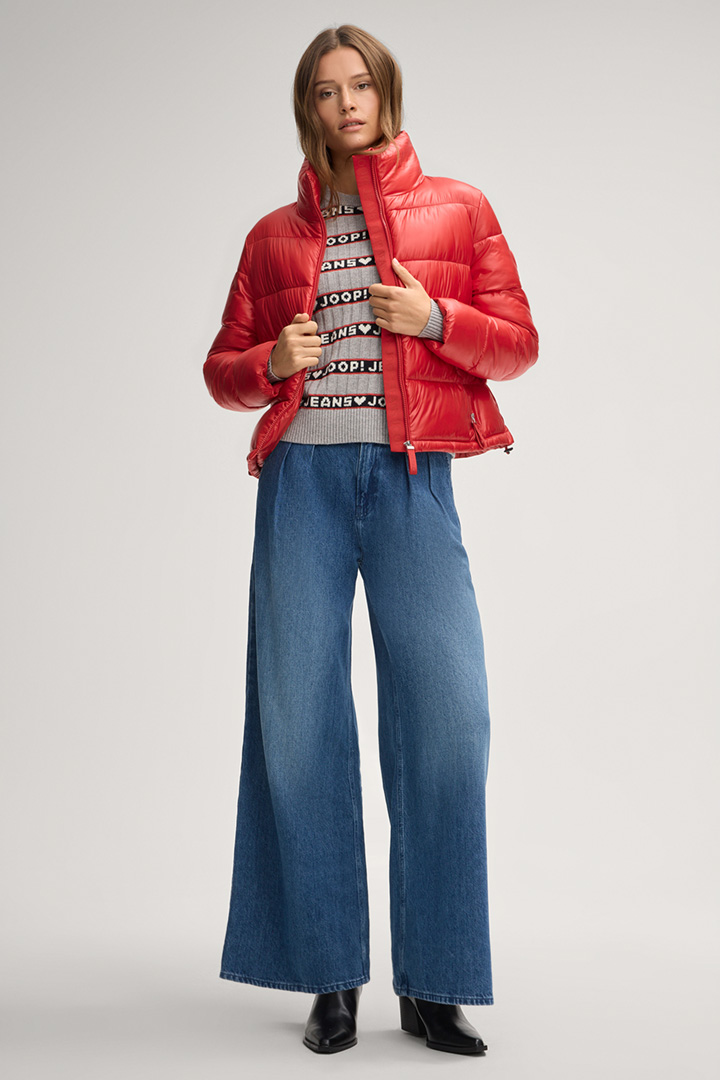 Leads to product detail page "Karen Knitted Pullover in a Grey/Red Pattern"