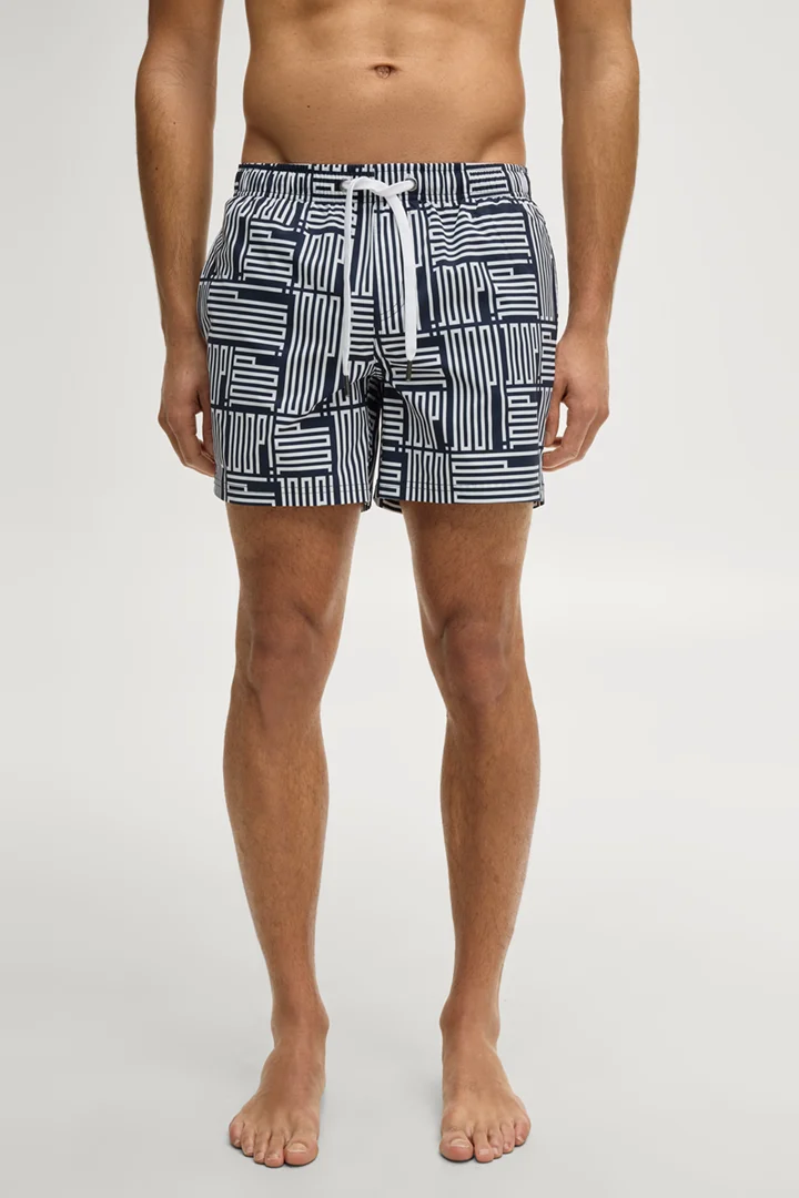 Leads to product detail page "Swim shorts in navy/white patterned"