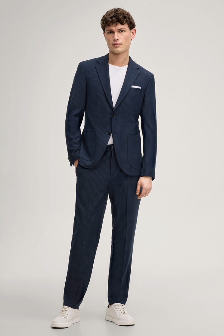 Leads to product detail page "River Modular Suit Trousers in Dark Blue Stripes"