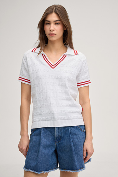 Kalena Knitted Polo Shirt in White/Red