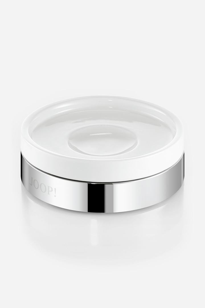 Leads to product detail page "JOOP! CHROMELINE Round Soap Dish in Chrome/Ceramic, White"
