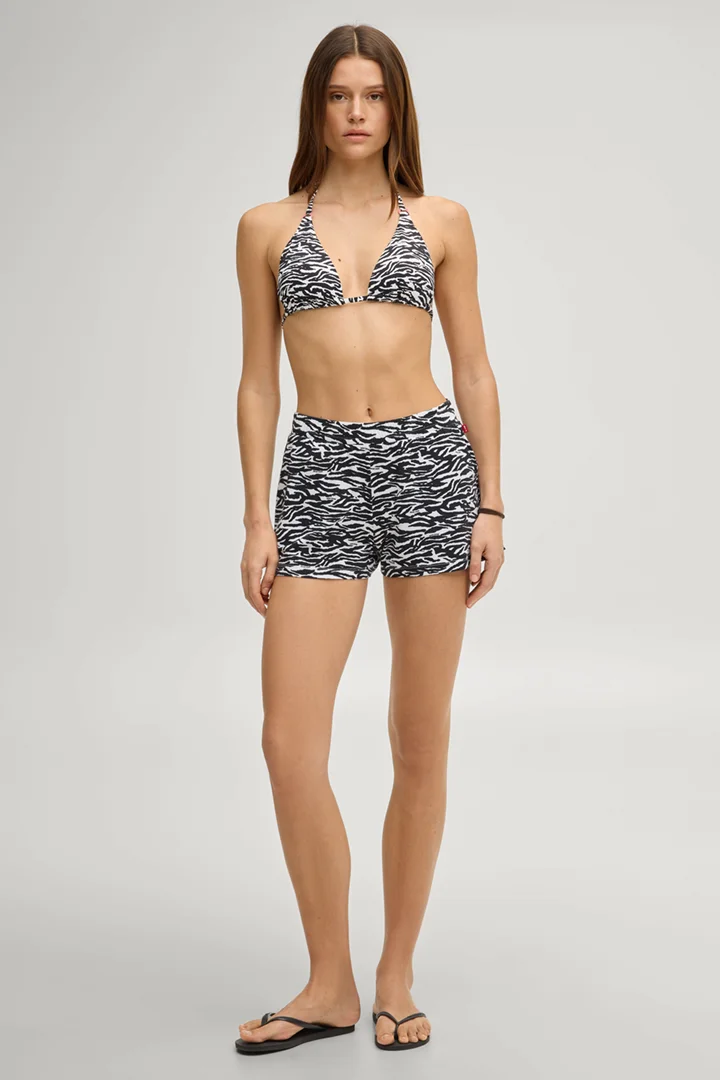 Leads to product detail page "Triangle bikini top in black/white tiger print"