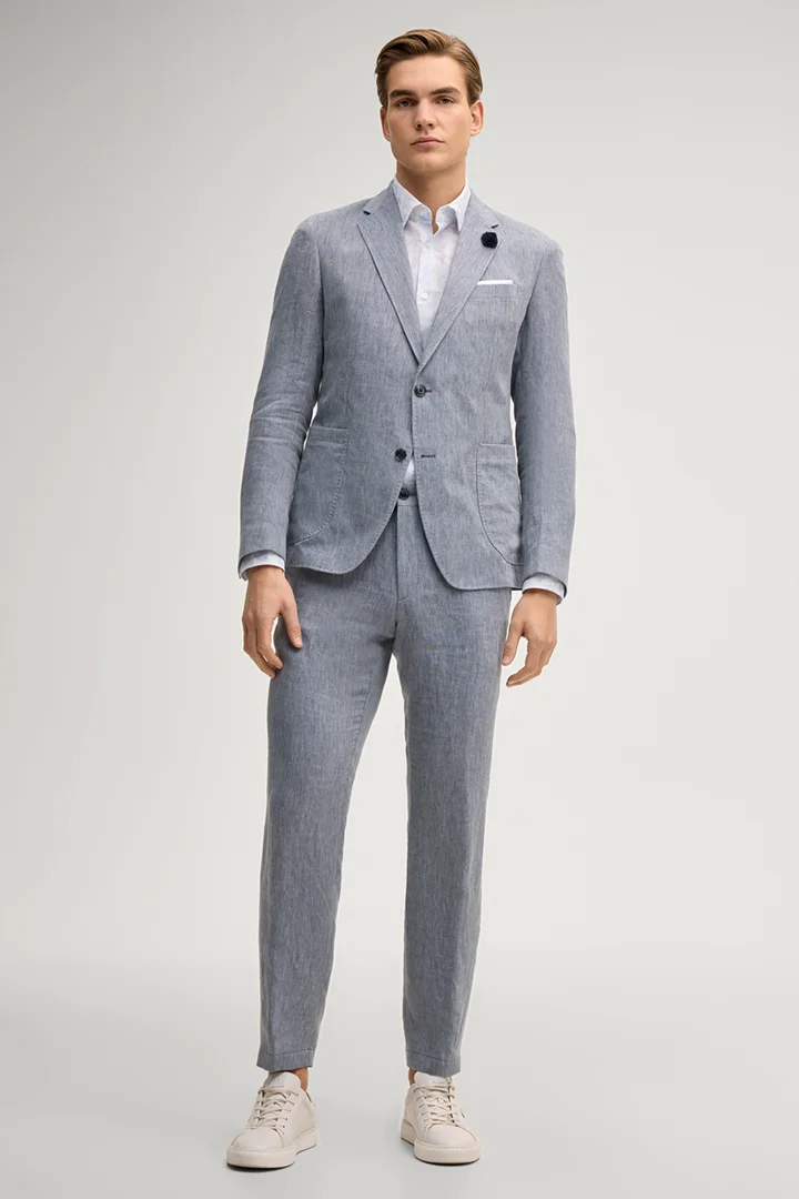 Leads to product detail page "Hoverest linen jacket in mottled mid-blue"