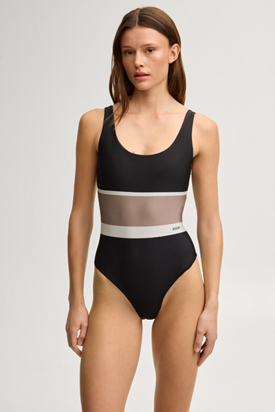 Leads to product detail page "Swimsuit in black/brown"
