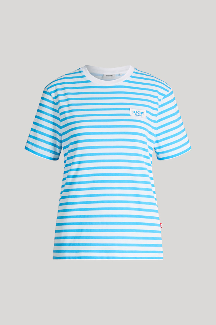 Leads to product detail page "Teele T-shirt in Turquoise/White Stripes"