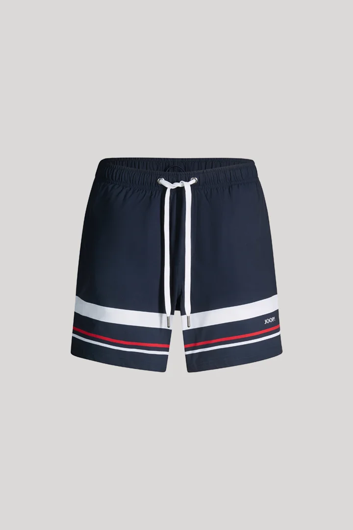 Leads to product detail page "Dark blue striped swim shorts"