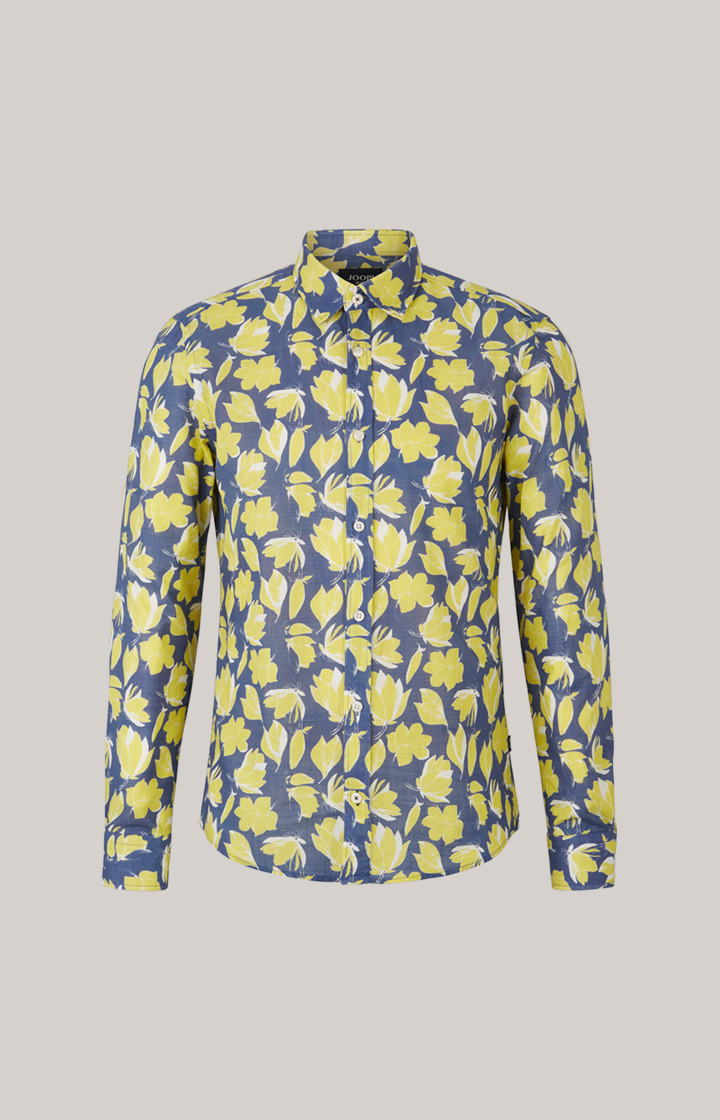 Hanson Cotton Shirt in a Dark Blue and Yellow Pattern