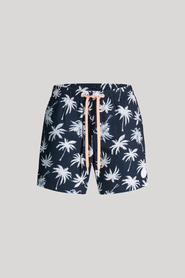 Leads to product detail page "Navy patterned swim shorts"