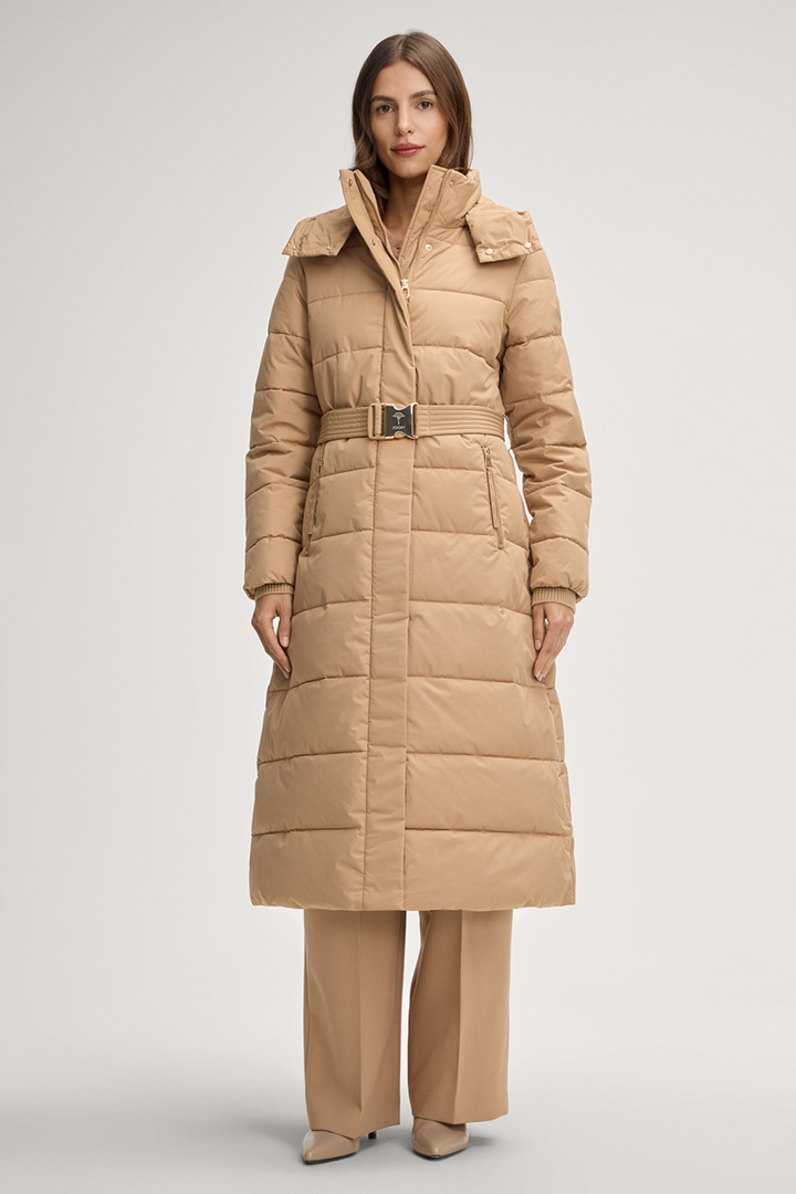 Leads to product detail page "Cassandra Quilted Coat in Beige"