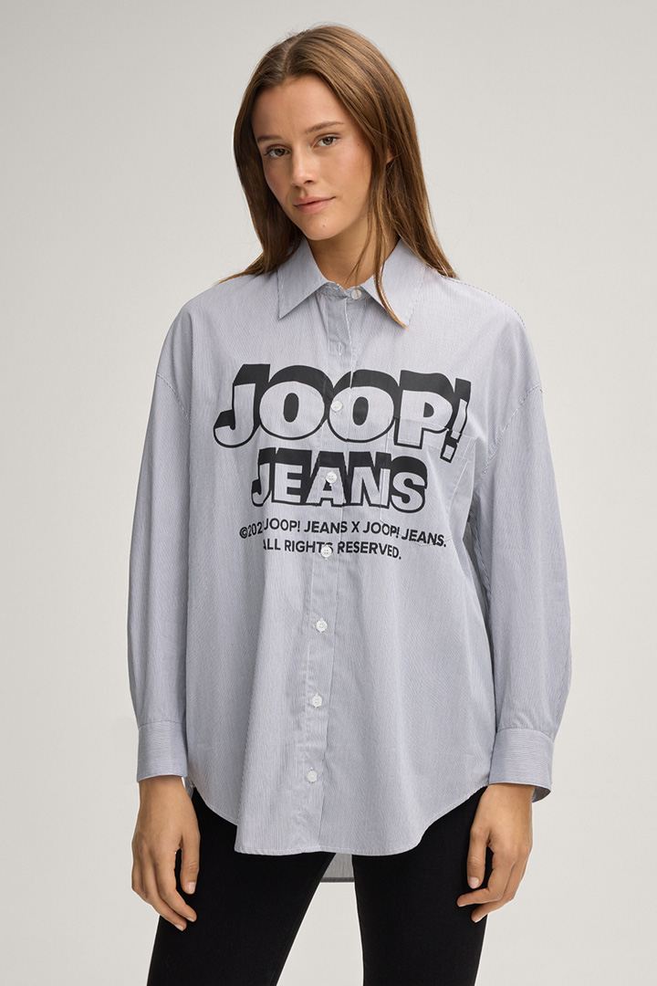 Leads to product detail page "Brenda Shirt-style Blouse in Grey/White Stripes"