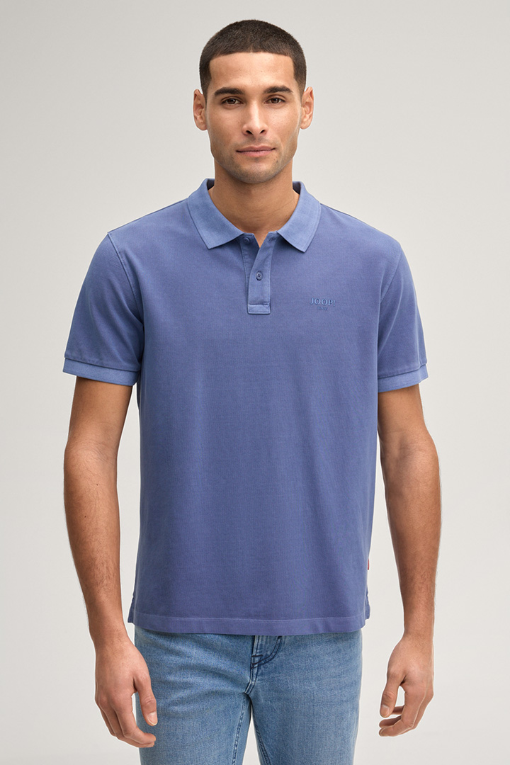 Leads to product detail page "Ambrosian Polo Shirt in Blue"