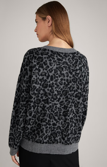 Sweter dzianinowy z mieszanki wełny z nadrukiem zwierzęcym w kolorze czarno-szarym