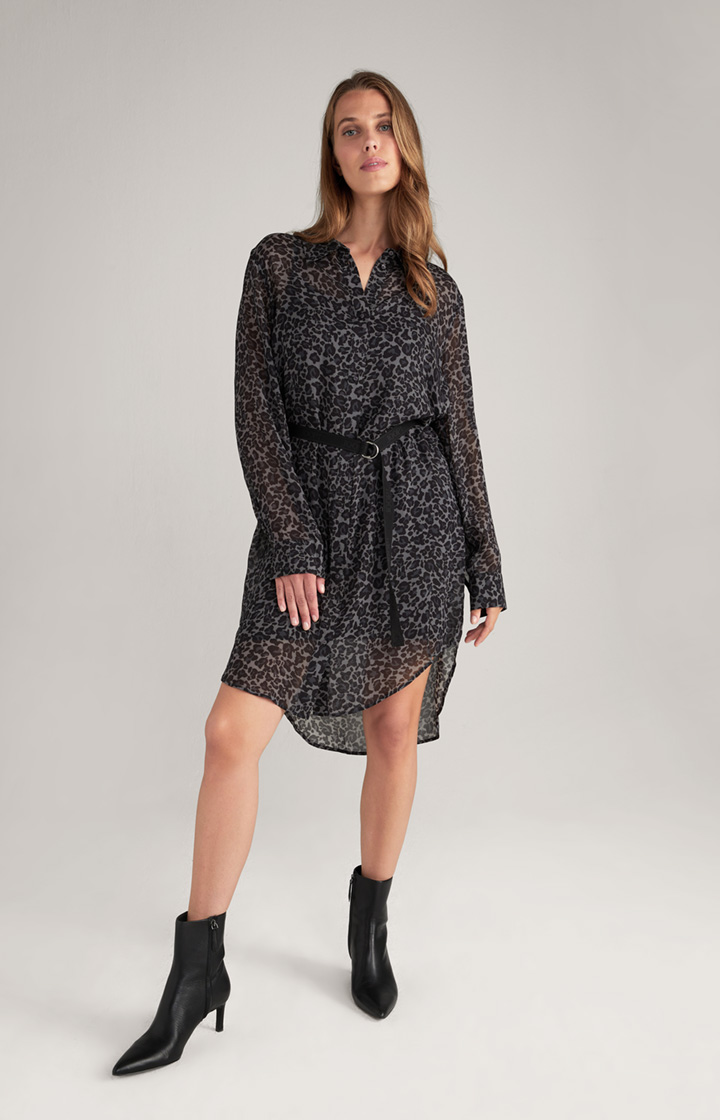 Viskose-Hemdblusen-Kleid mit Animal-Print in Schwarz-Grau