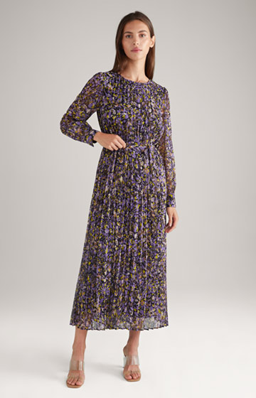 Chiffon Pleated Dress in a Purple/Yellow Pattern