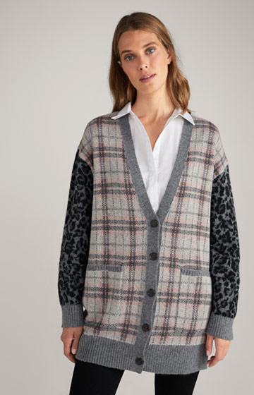 Knitted Jacket with Check Pattern in Black/Grey
