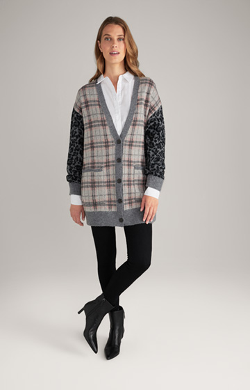 Knitted Jacket with Check Pattern in Black/Grey