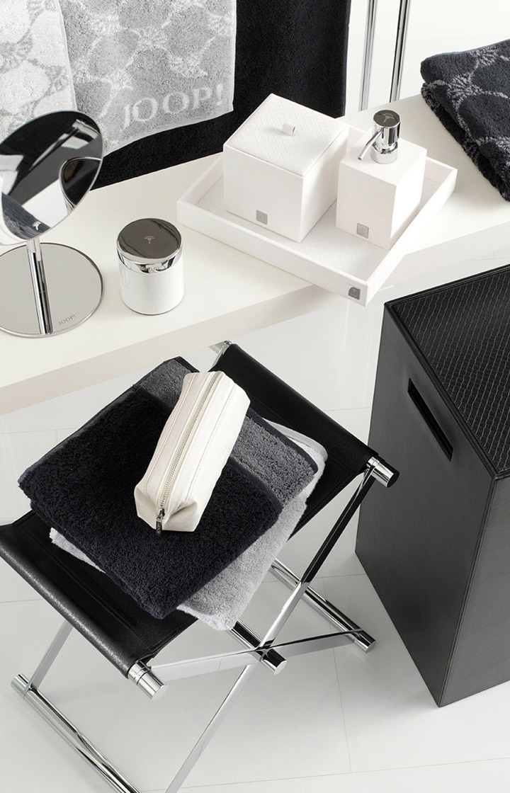 JOOP! presents the look with the products Large Chromeline storage box, silver/white and Bathline cosmetics box, white
