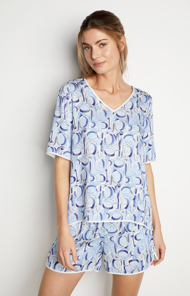 Loungewear T-Shirt in Blau/Weiß gemustert