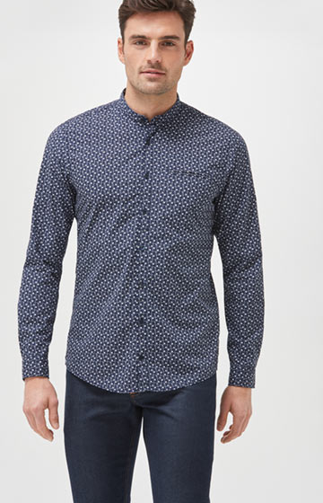Stehkragen-Hemd Habakuk in Dunkelblau gemustert